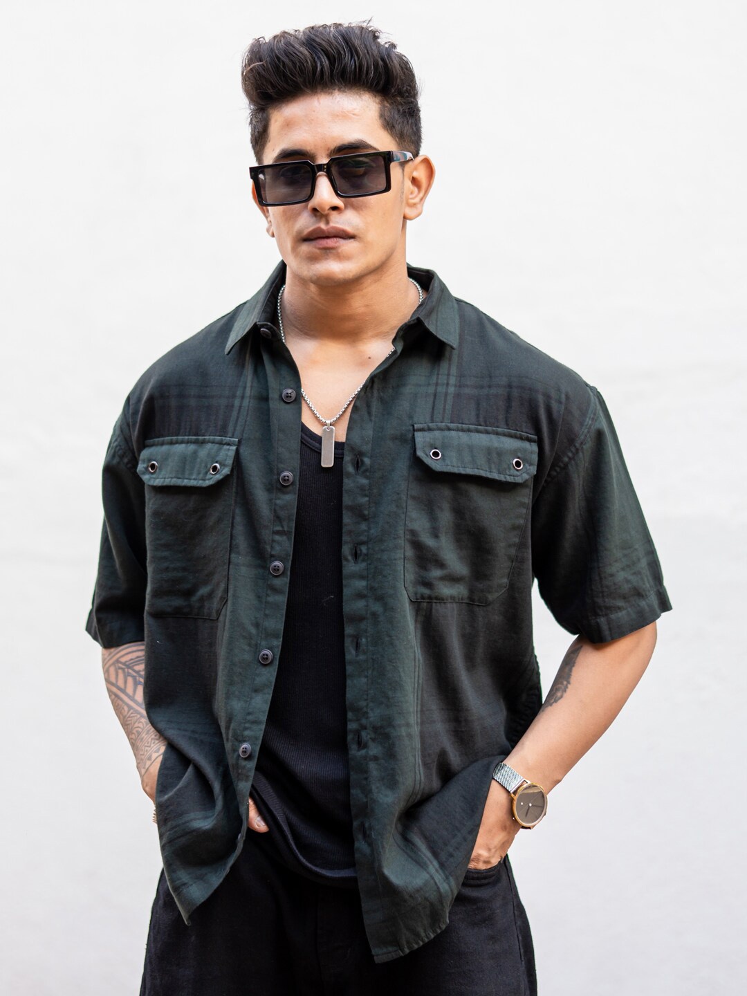 

Powerlook India Slim Olive Green Drop Shoulder Sleeves Oversized Casual Shirt