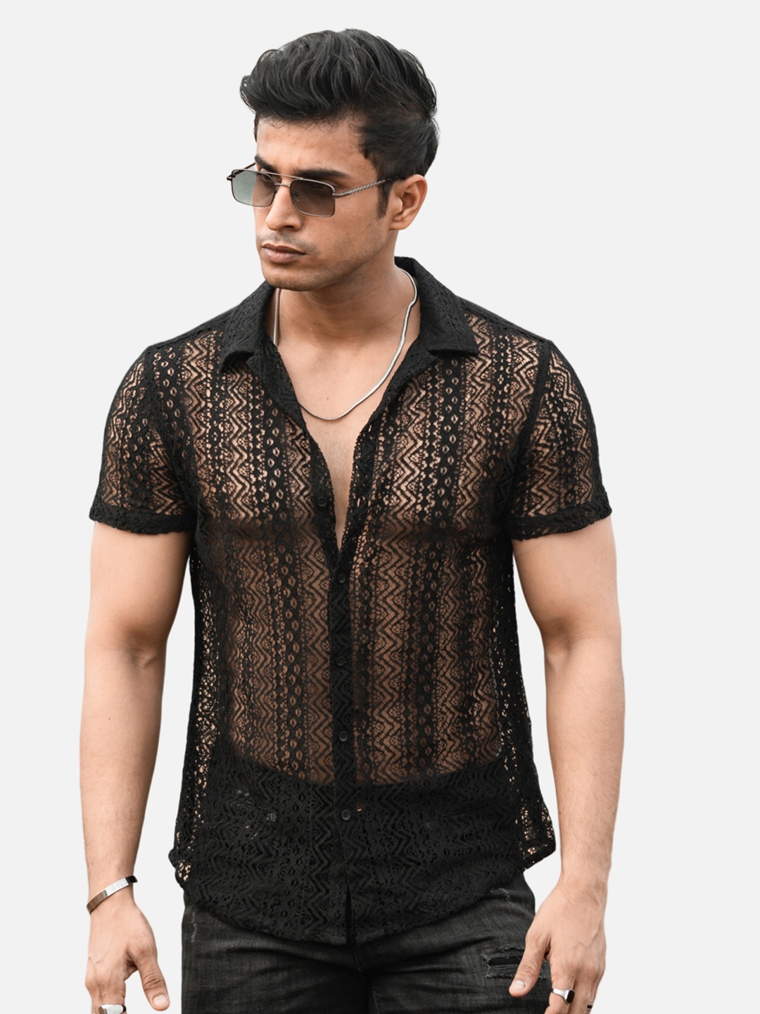 

Powerlook India Slim Black Self Design Sheer Cotton Casual Crochet Shirt