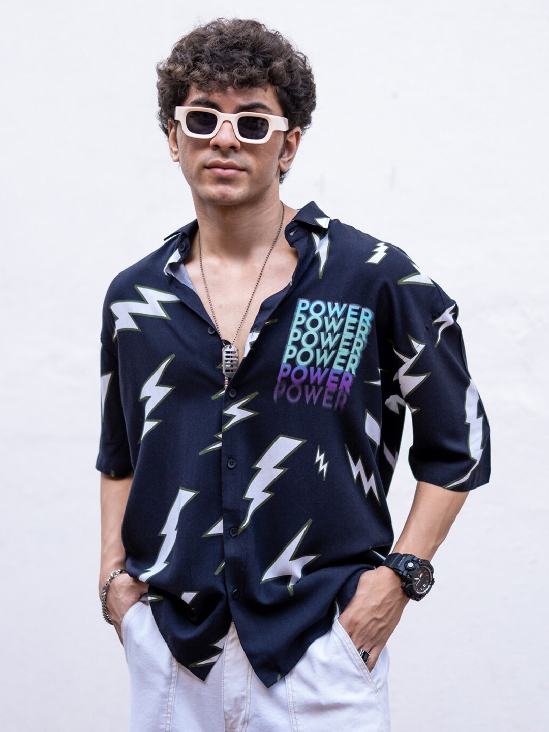 

Powerlook Navy Blue Typography Printed Drop-Shoulder India Slim Boxy Casual Shirt