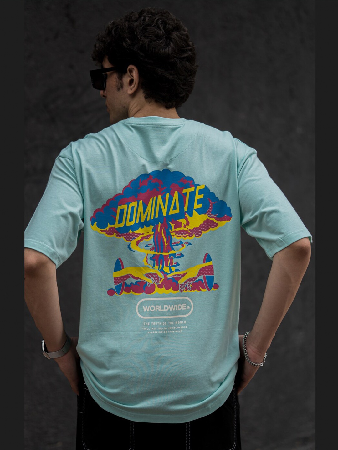 

Powerlook Graphic Printed Drop Shoulder Cotton T-Shirt, Blue