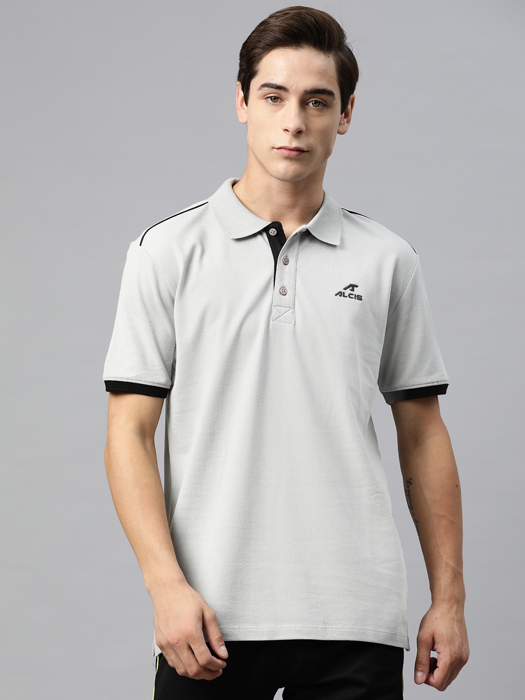 Alcis Men Brand Logo Embroidered Polo Collar Sports T-shirt, Grey