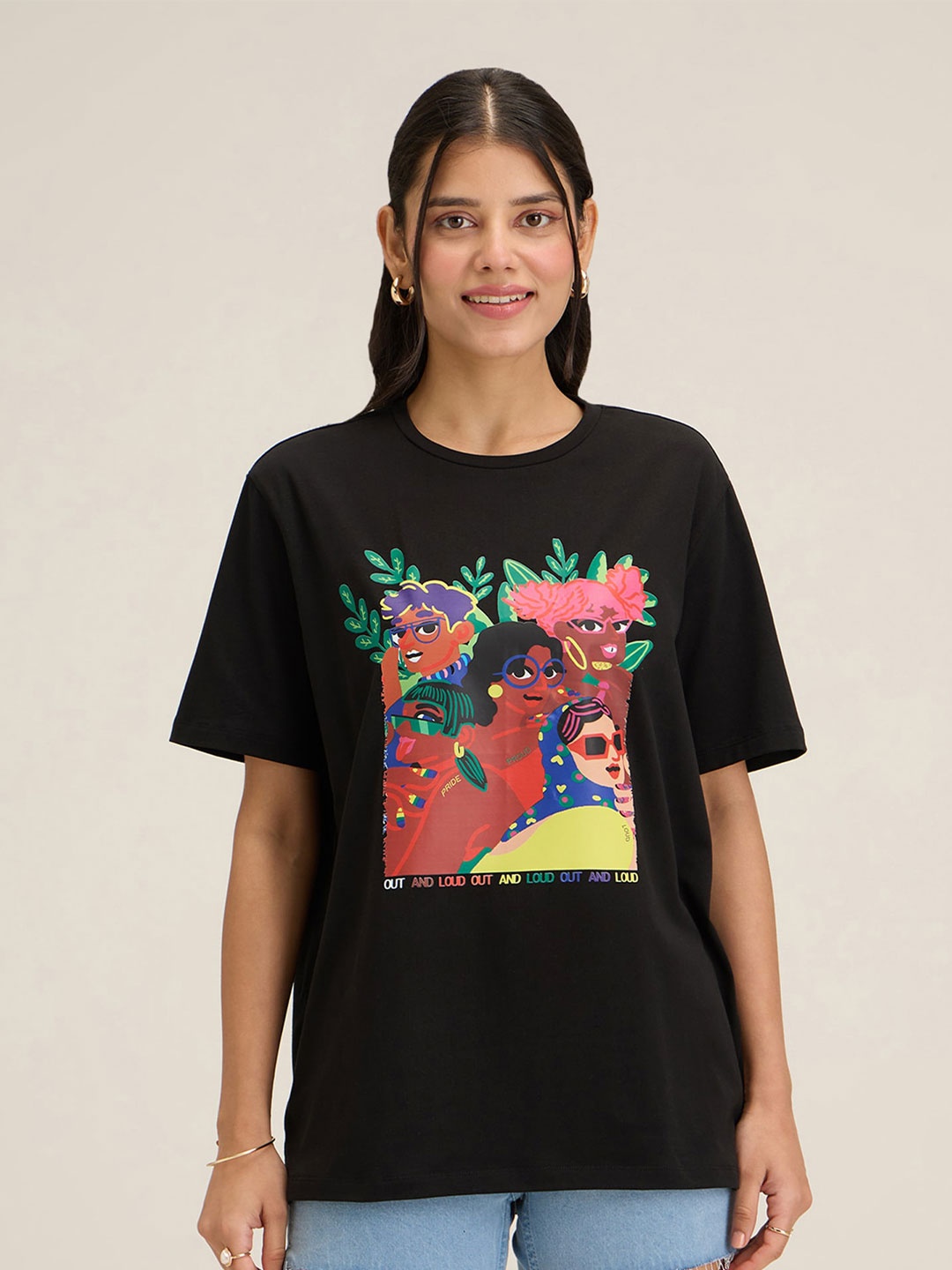 

20Dresses Black Graphic Printed Drop-Shoulder Sleeves T-shirt