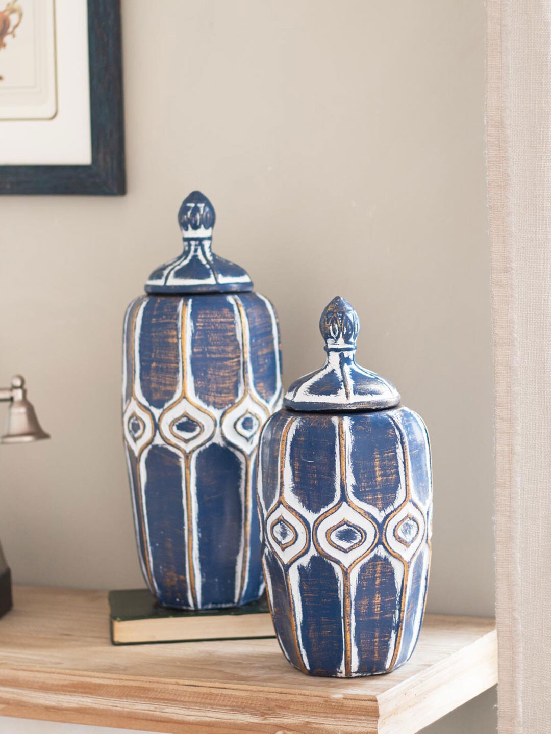 

THEDECORKART Blue Printed 'Moroccan' Decorative Lidded Jar