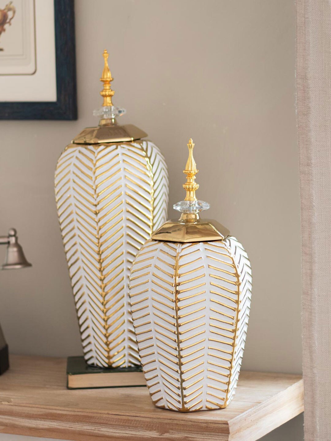 

THEDECORKART White & Gold Toned Textured Chevron Decorative Lidded Jar - Small