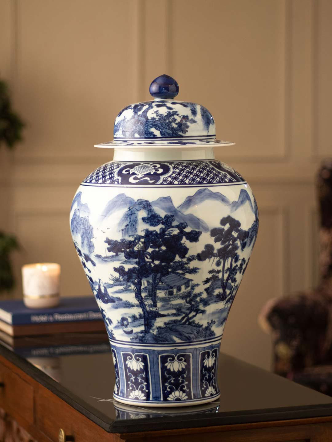 

THEDECORKART White Printed 'Imperial Landscape' Lidded Jar