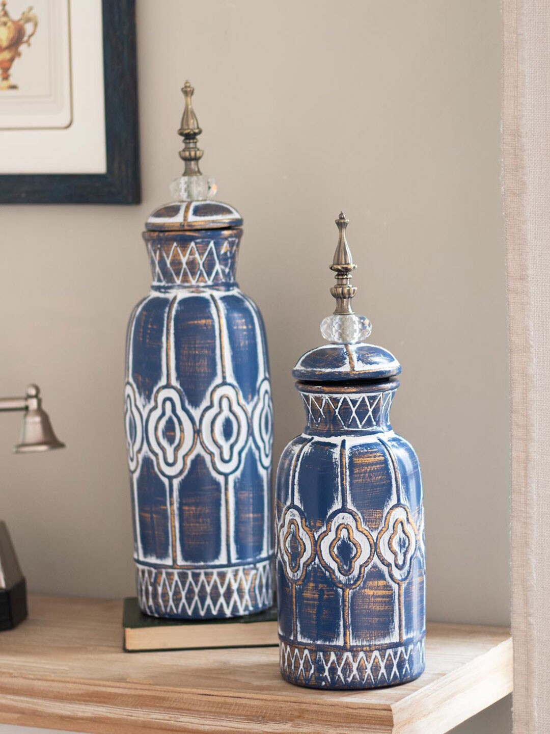 

THEDECORKART Blue Printed Macedonia Decorative Lidded Jar