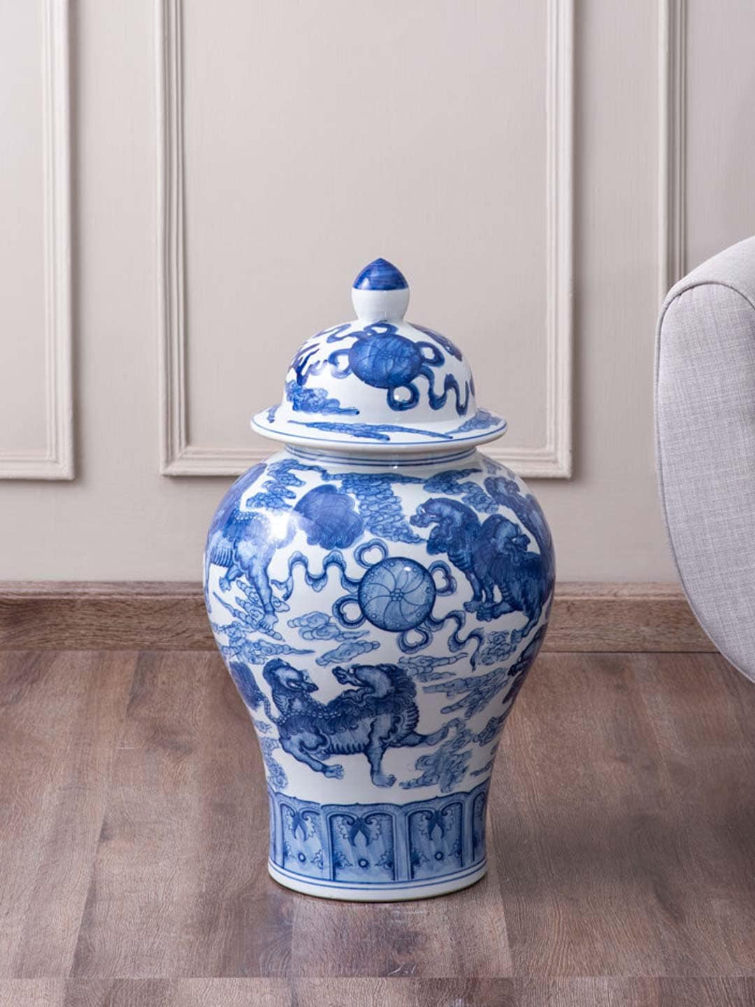 

THEDECORKART Blue & White Printed Oversized Classic Temple Jar