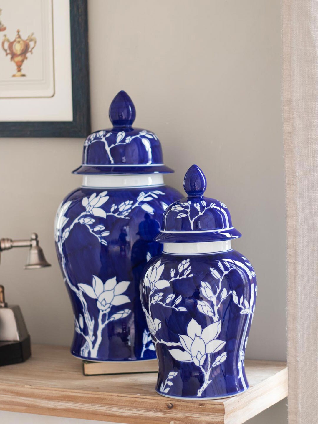 

THEDECORKART Blue Printed 'Plum Tree' Lidded Jar