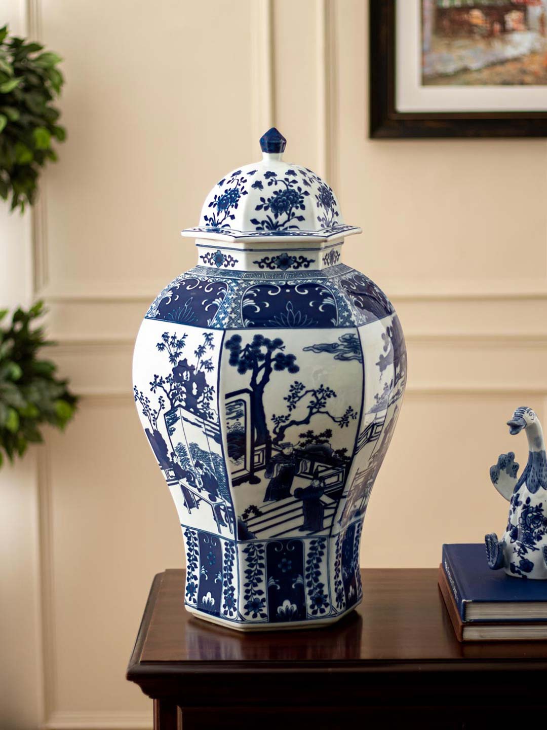 

THEDECORKART Blue & White Printed The Courtyard Hexagonal Temple Jar