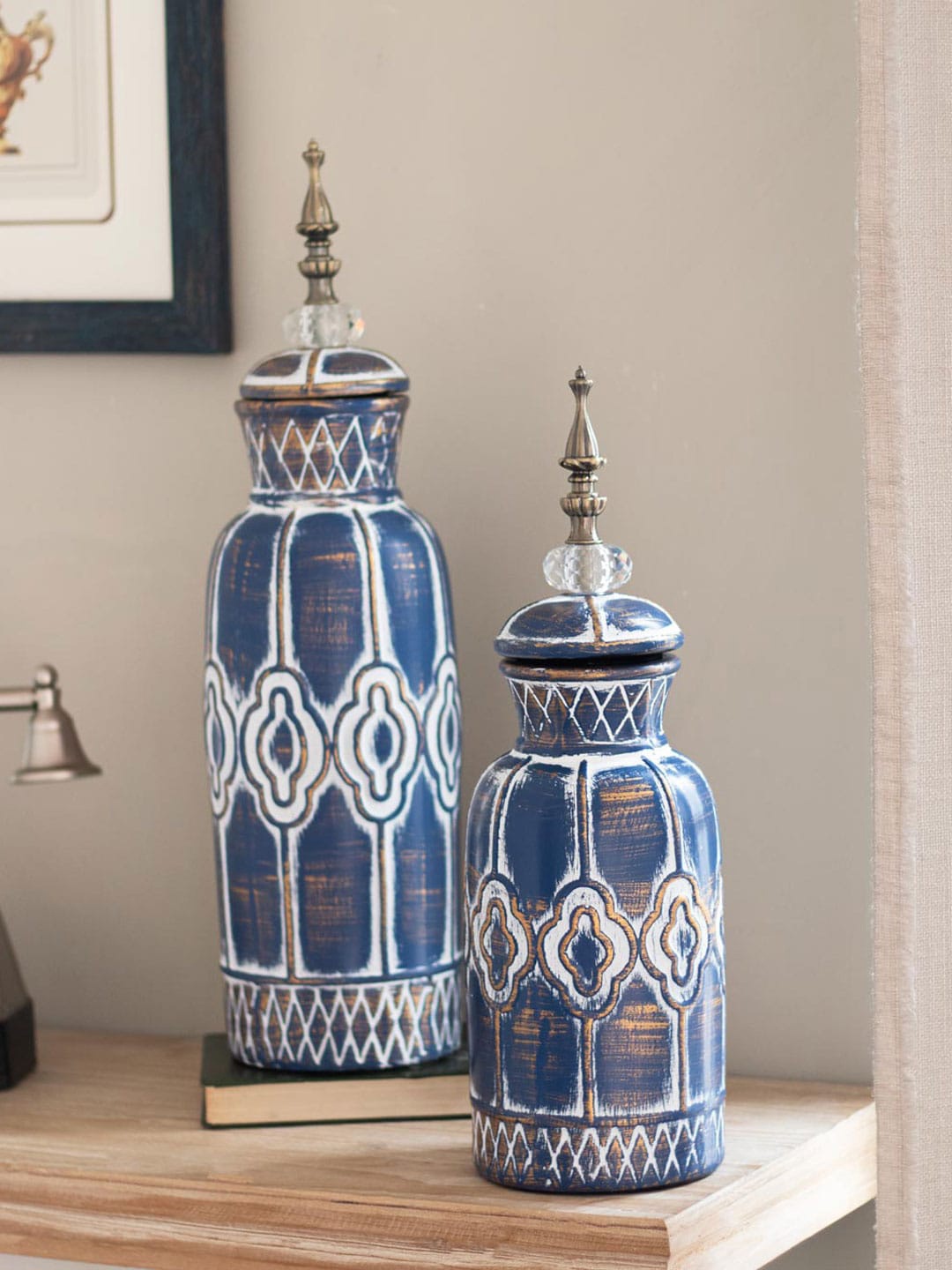 

THEDECORKART Blue Printed Macedonia Decorative Lidded Jar
