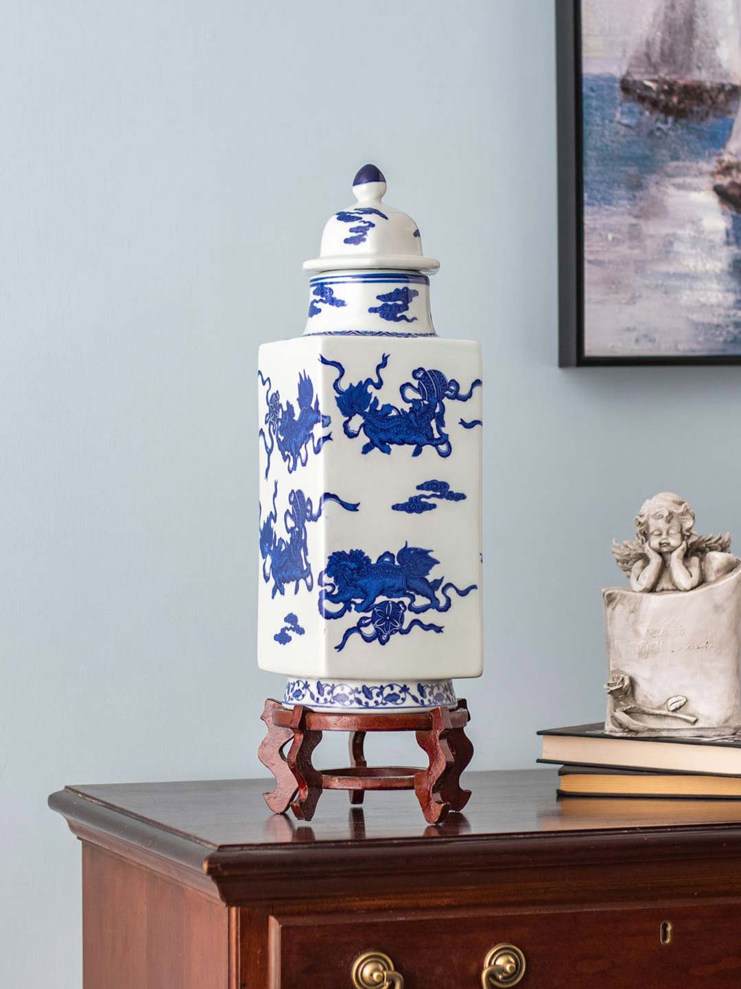 

THEDECORKART White Printed 'Flying Dragon' Lidded Jar