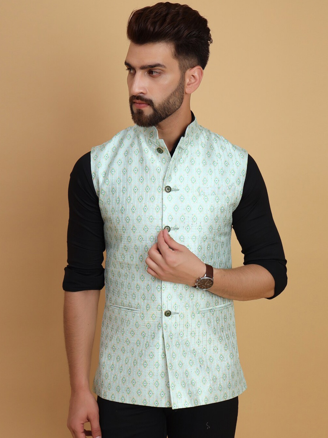 

Vandnam Fabrics Men Printed Slim Fit Nehru Jackets, Sea green