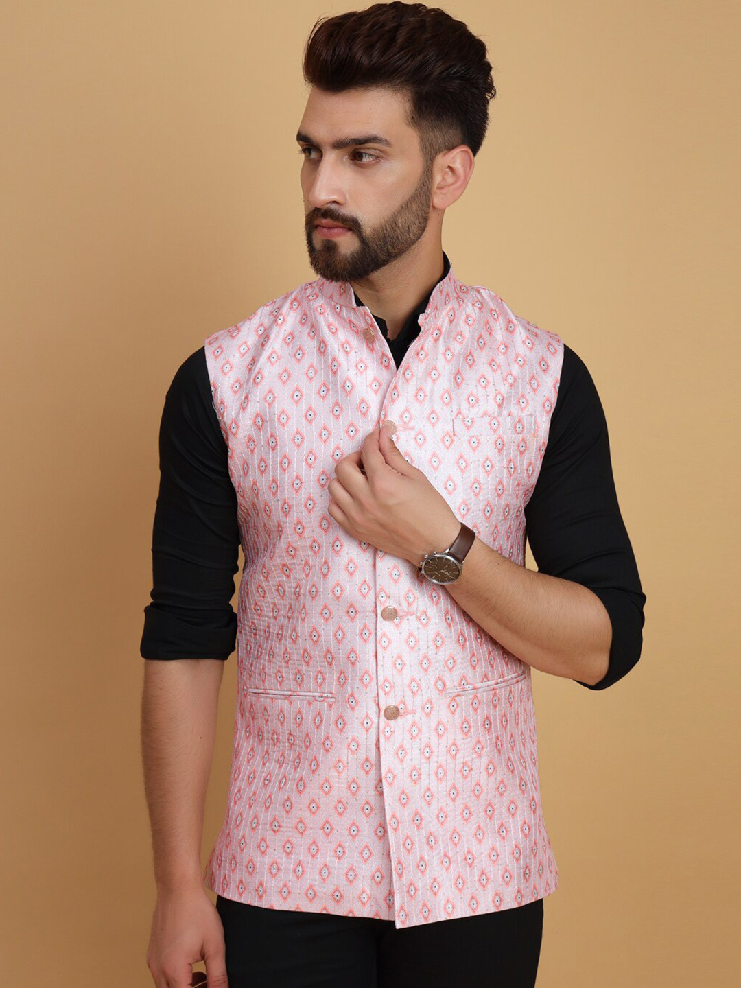 

Vandnam Fabrics Men Printed Slim-Fit Nehru Jackets, Peach