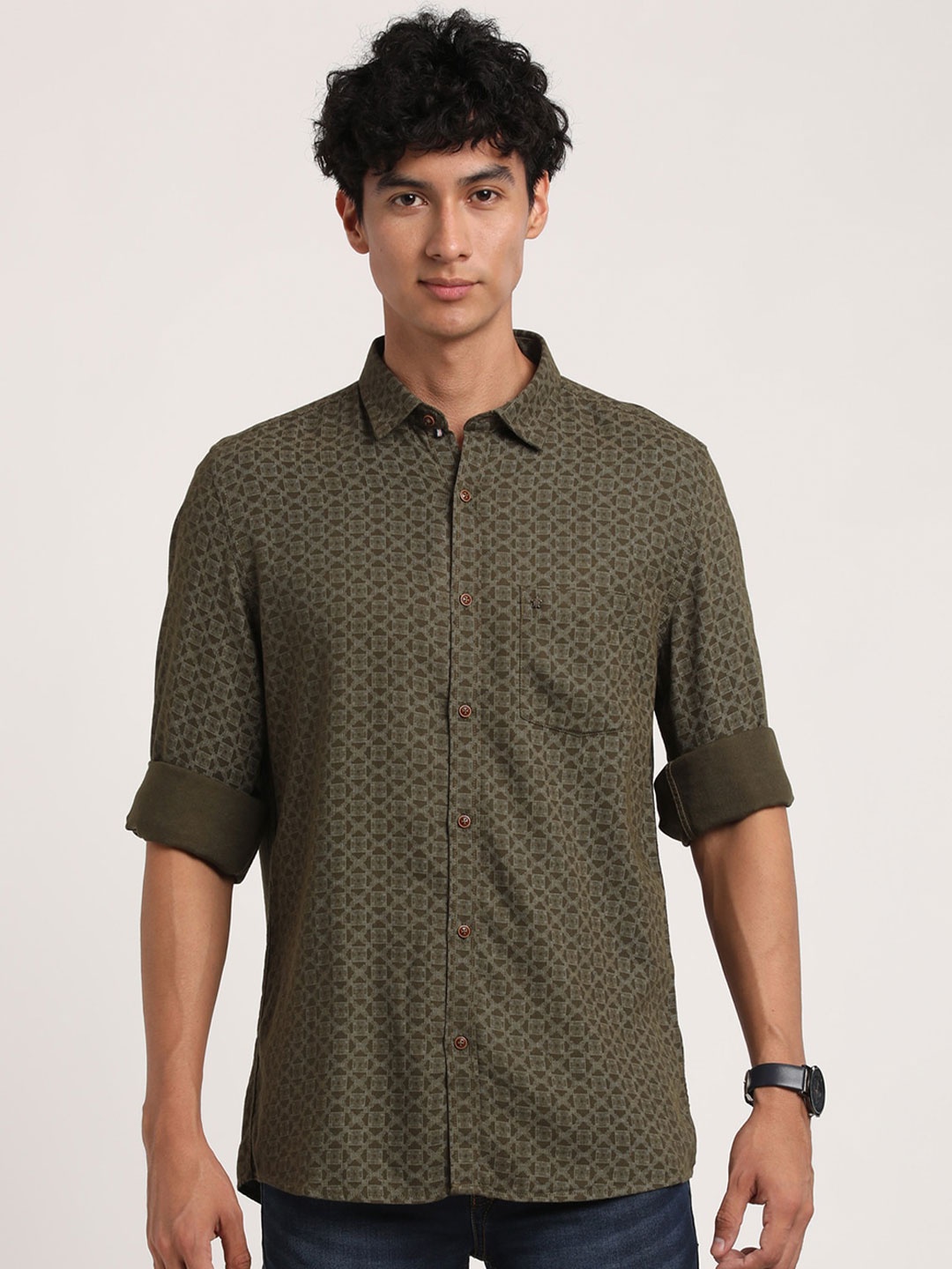 

Turtle Geometric Printed Relaxed Slim Fit Casual Cotton Shirt, Olive