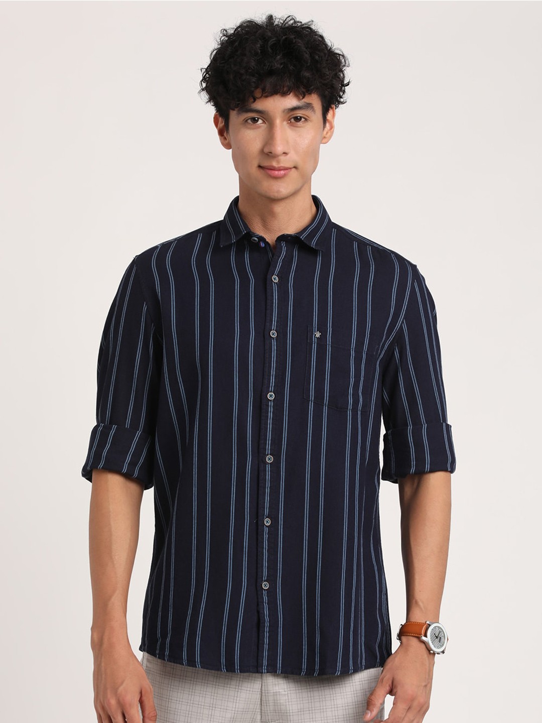 

Turtle Relaxed Slim Fit Striped Casual Pure Cotton Shirt, Navy blue