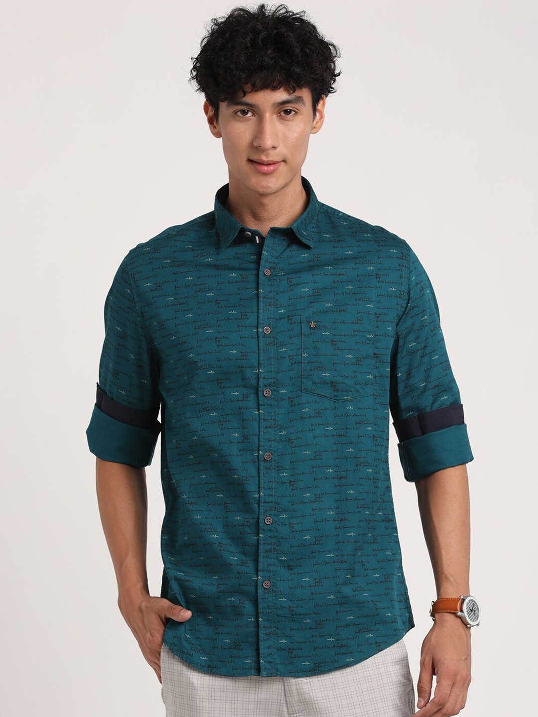 

Turtle Typography Printed Relaxed Slim Fit Pure Cotton Casual Shirt, Teal