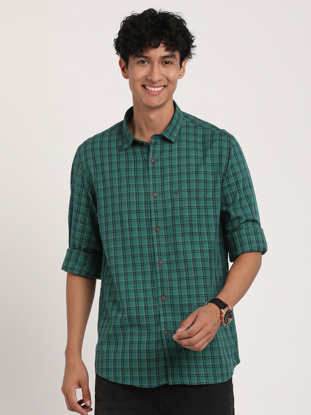 

Turtle Relaxed Slim Fit Checked Casual Pure Cotton Shirt, Green