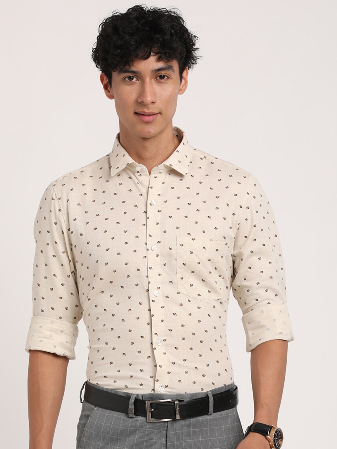 

Turtle Modern Slim Fit Floral Printed Formal Cotton Linen Shirt, Beige