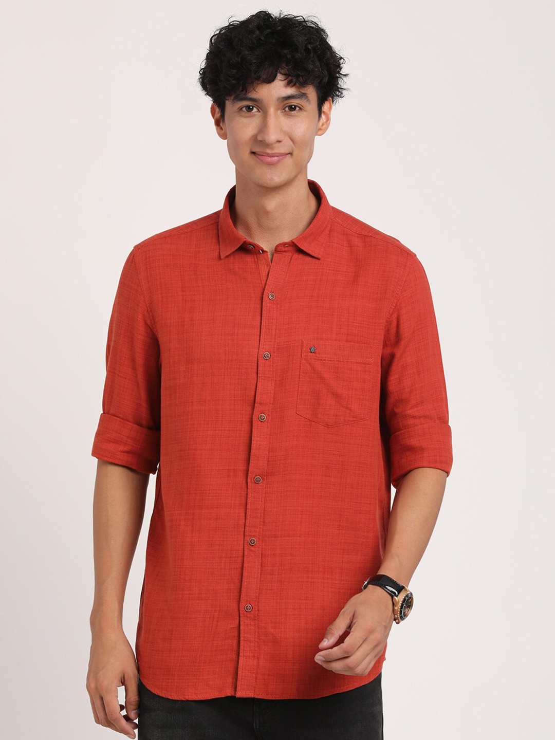 

Turtle Textured Relaxed Slim Fit Casual Cotton Linen Shirt, Red