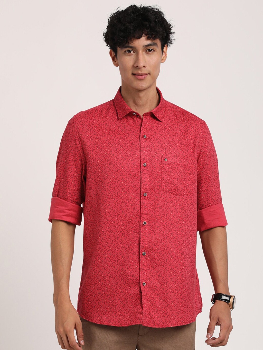 

Turtle Micro Ditsy Printed Relaxed Slim Fit Casual Pure Cotton Shirt, Red