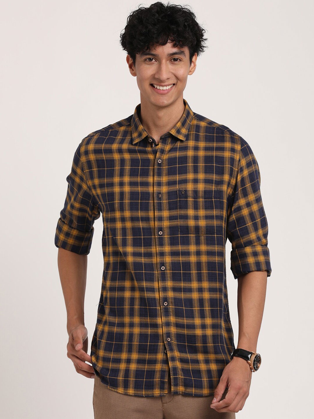 

Turtle Tartan Checked Relaxed Slim Fit Casual Shirt, Navy blue