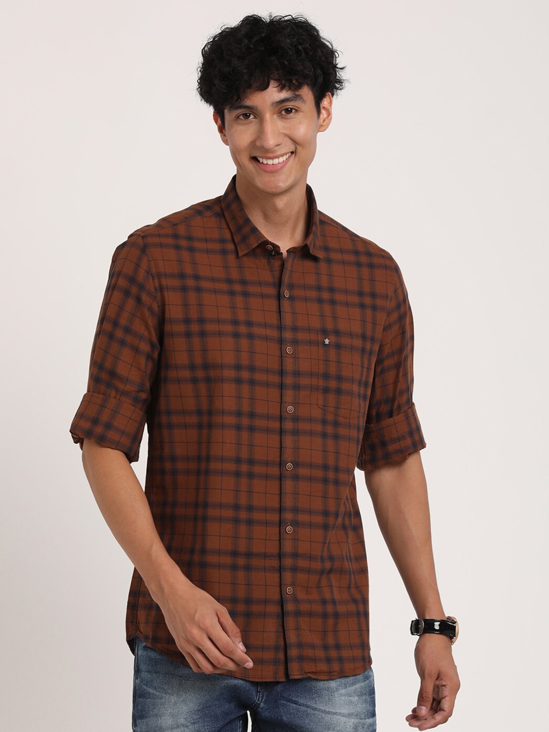 

Turtle Tartan Checked Relaxed Slim Fit Pure Cotton Casual Shirt, Brown