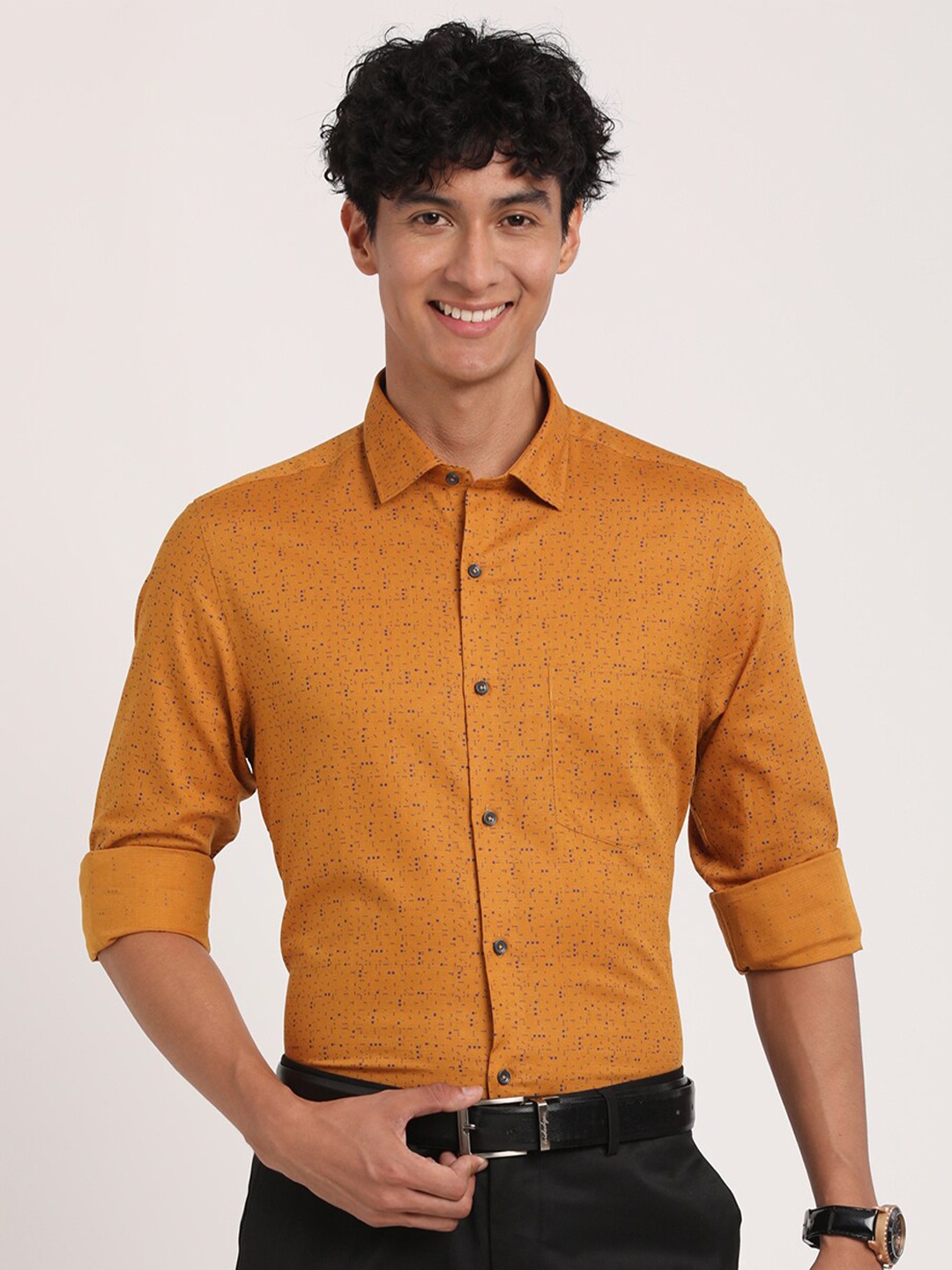 

Turtle Micro Ditsy Printed Modern Slim Fit Cotton Linen Formal Shirt, Mustard