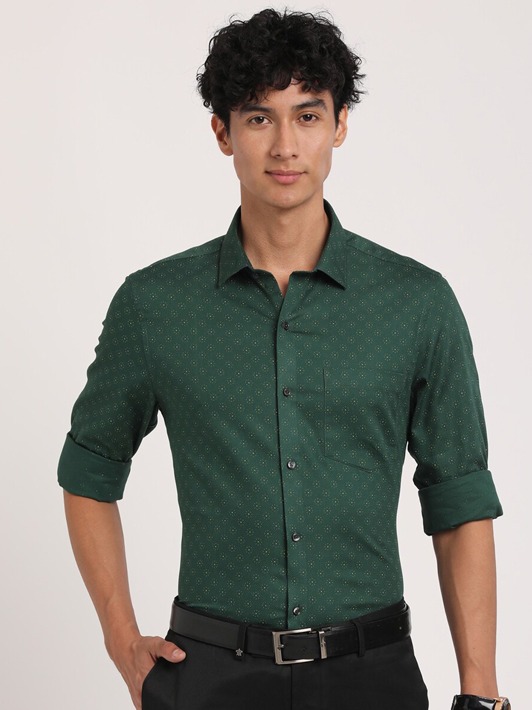

Turtle Modern Slim Fit Micro Ditsy Printed Formal Pure Cotton Shirt, Green