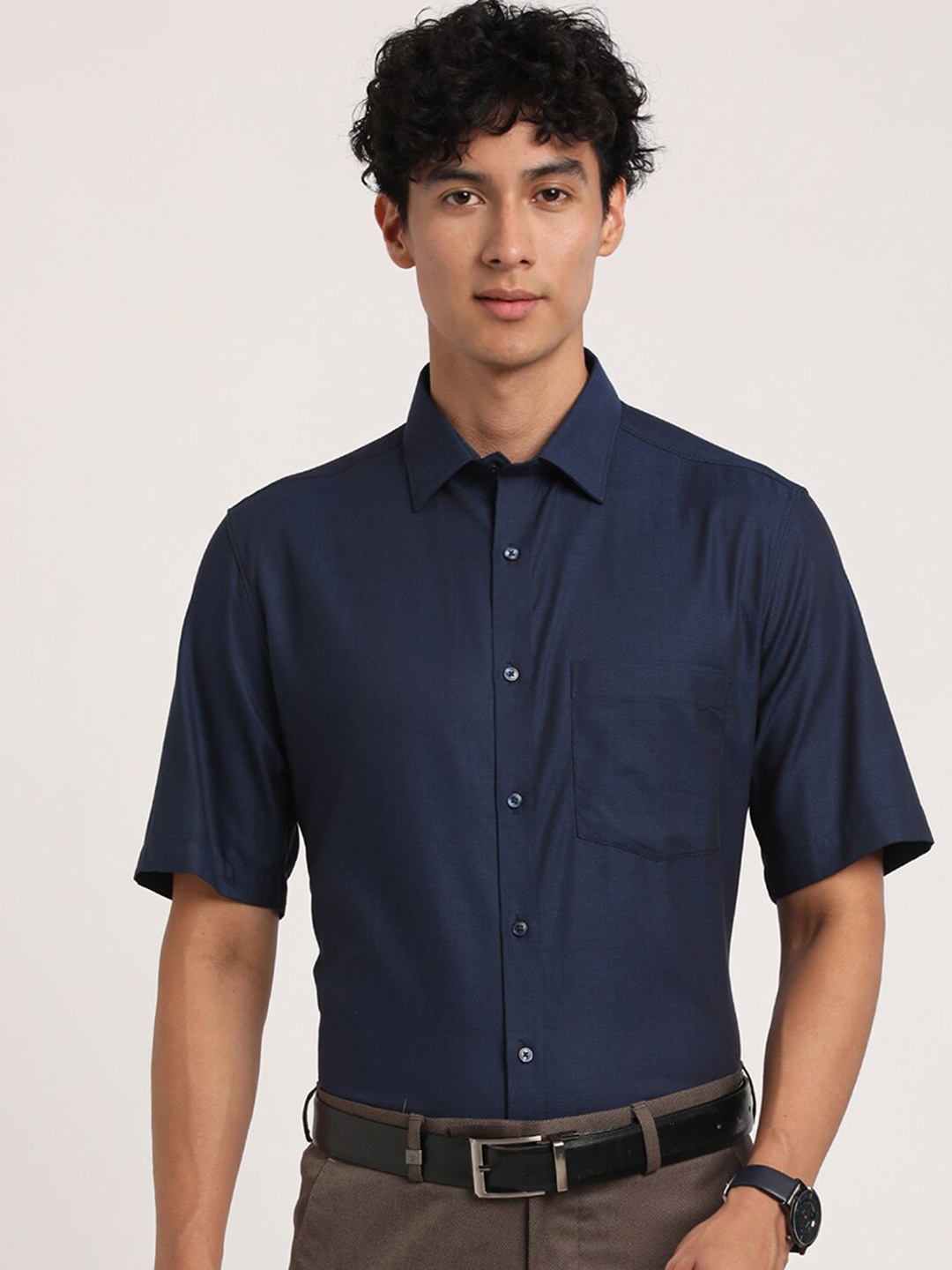 

Turtle Textured Self Design Modern Pure Cotton Formal Shirt, Navy blue