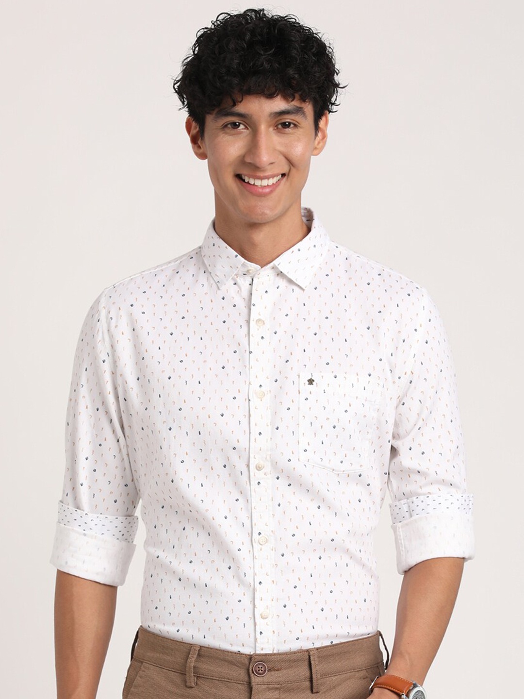 

Turtle Relaxed Slim Fit Micro Ditsy Printed Casual Pure Cotton Shirt, White