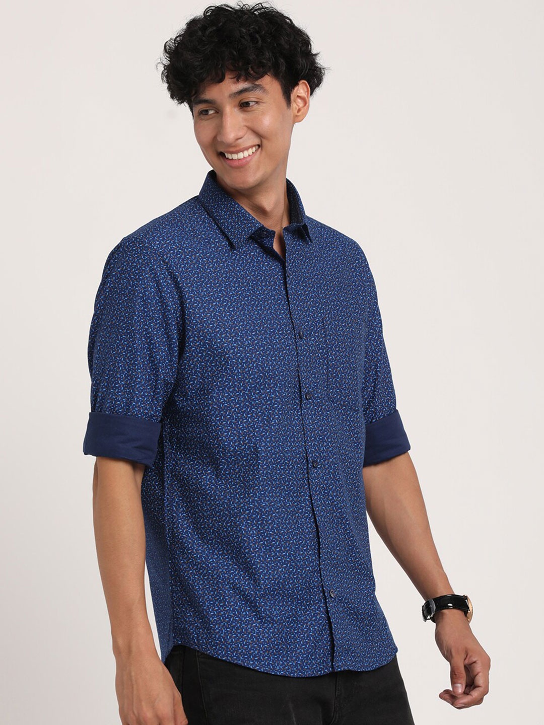 

Turtle Micro Ditsy Printed Relaxed Slim Fit Pure Cotton Casual Shirt, Navy blue