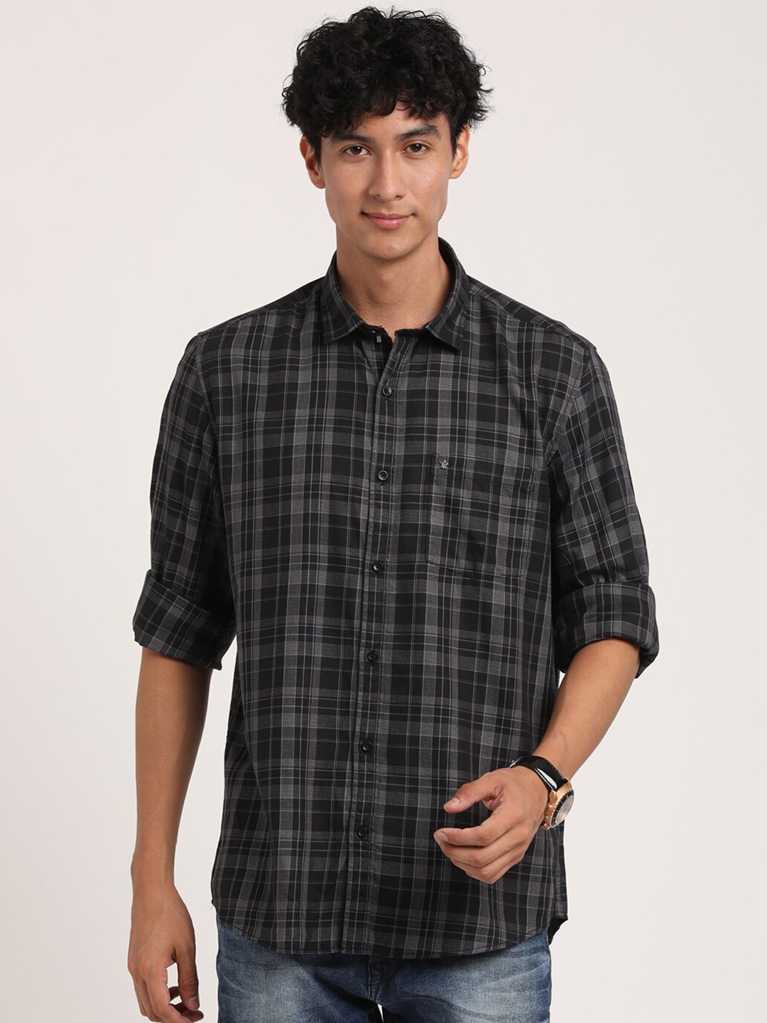 

Turtle Tartan Checked Relaxed Slim Fit Pure Cotton Casual Shirt, Black