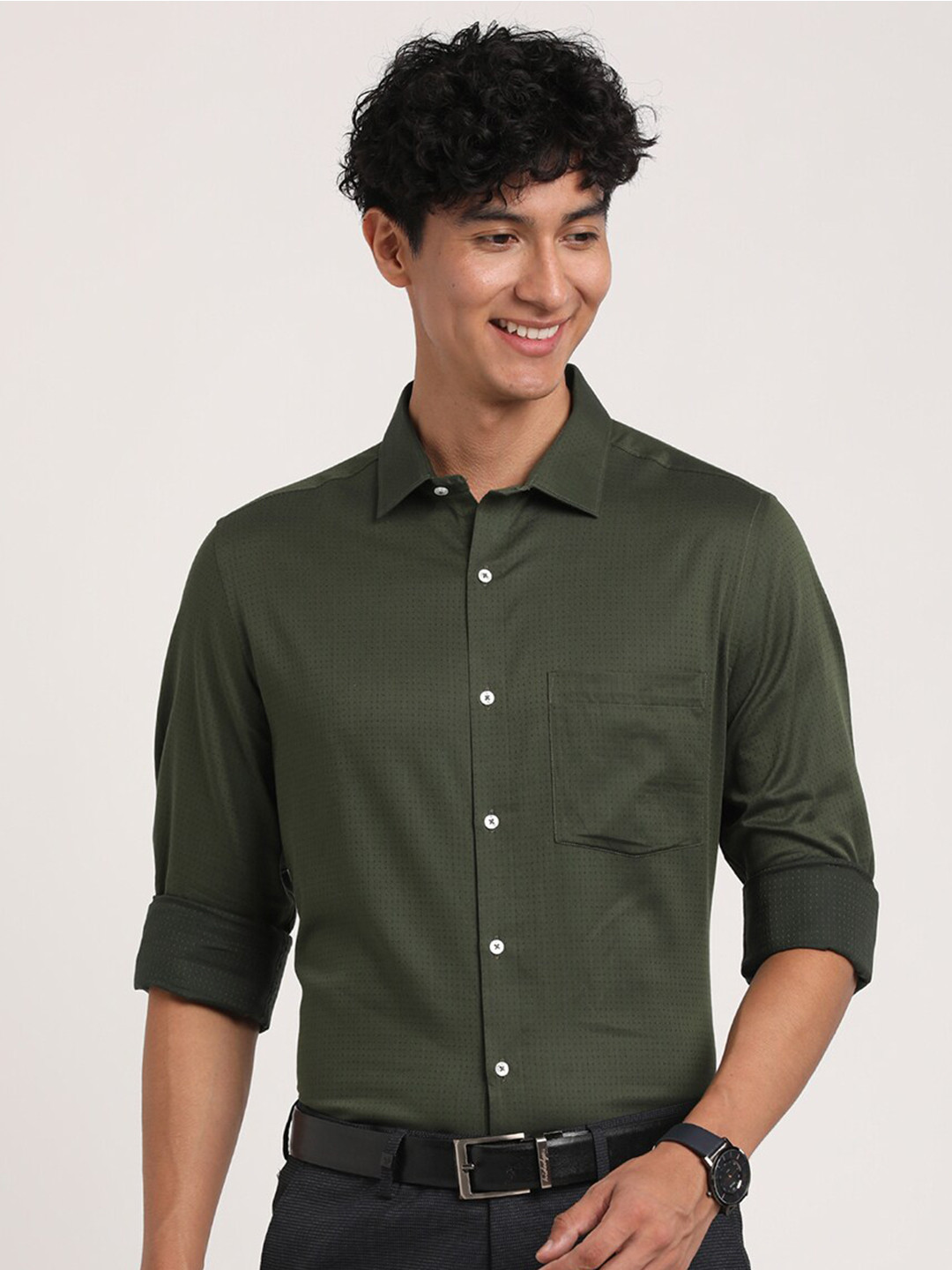 

Turtle Textured Modern Slim Fit Pure Cotton Formal Shirt, Green