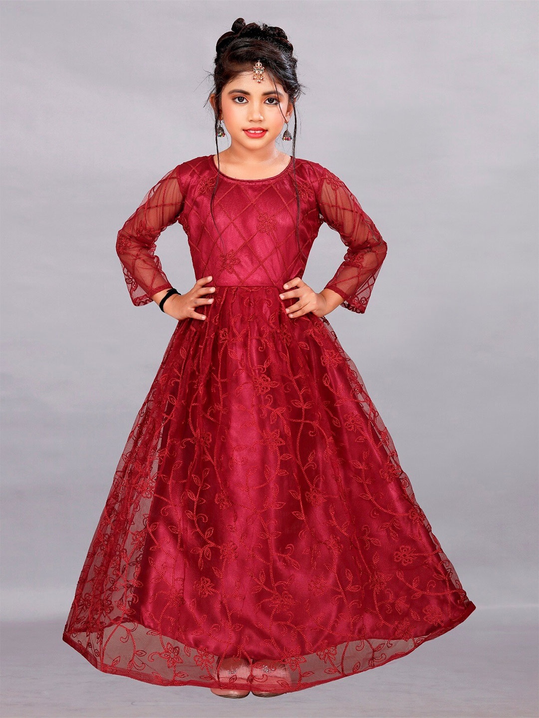 

APNISHA Girls Solid Full Sleeve Embroidered Gown Dress, Maroon