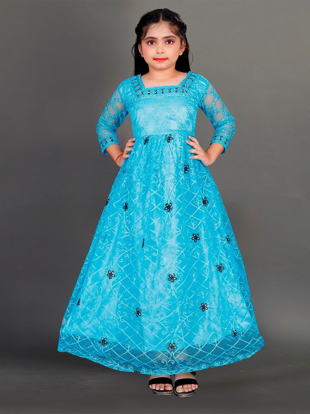 

APNISHA Embroidered Square Neck Gown Maxi Ethnic Dress, Turquoise blue