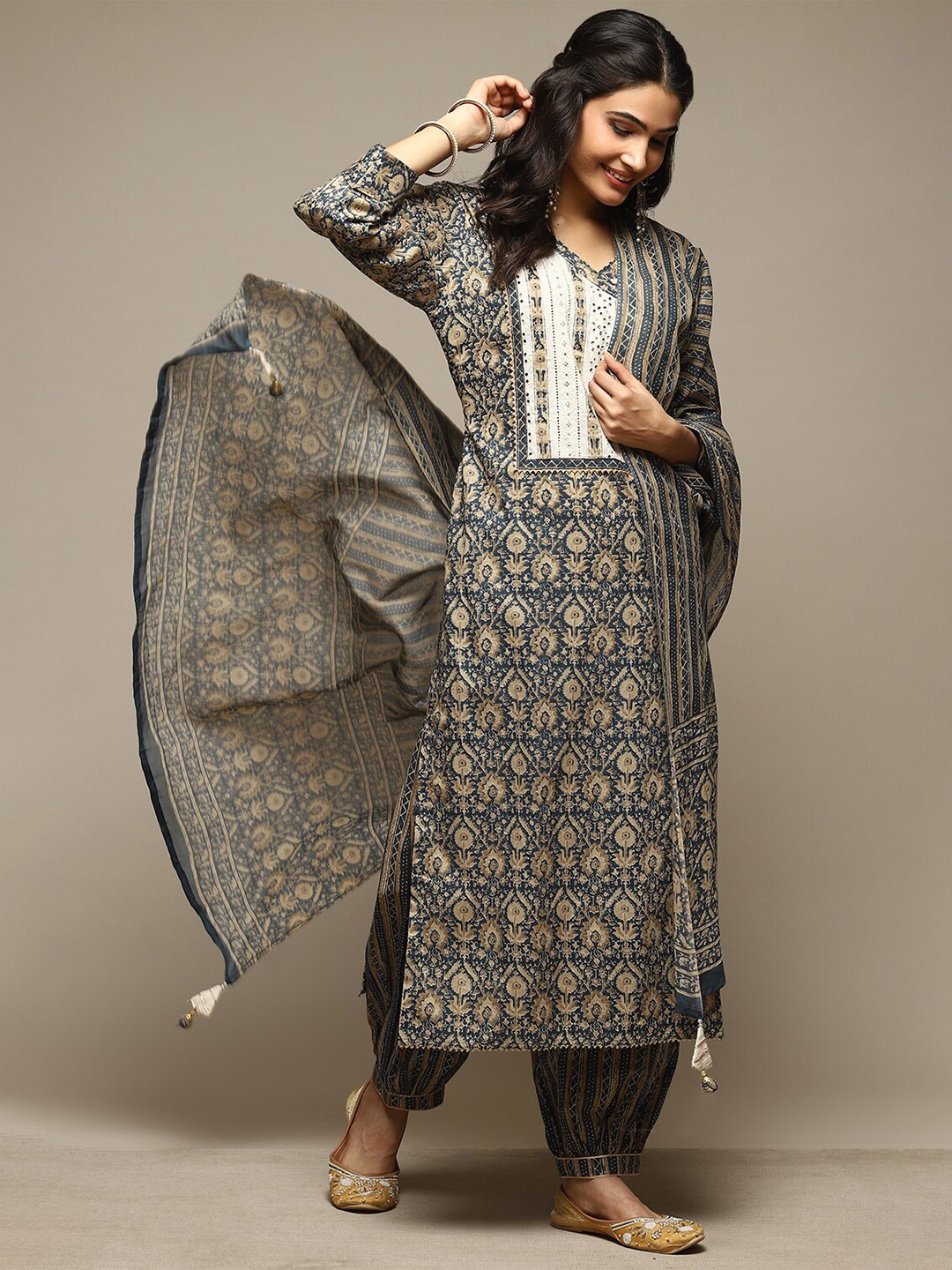 

Biba Ethnic Motifs Printed Gotta Patti Unstitched Dress Material, Blue