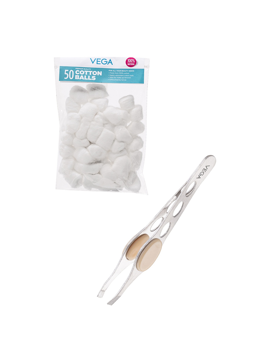 

VEGA Set of Tweezer & 50 Pcs Cotton Balls, Silver