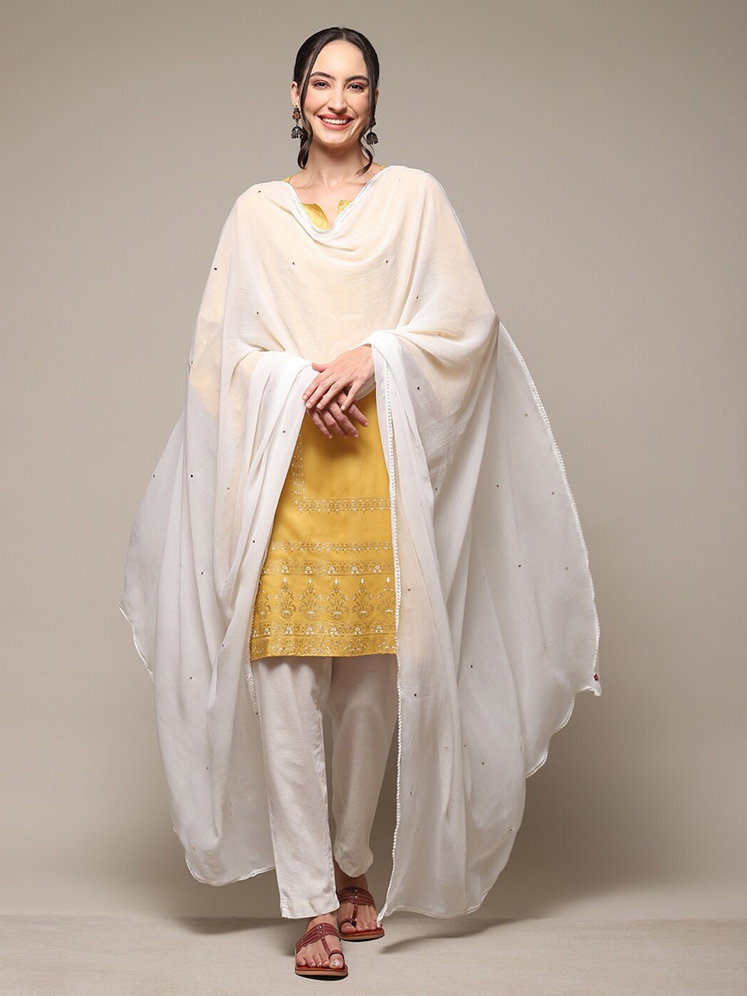 

Biba Embroidered Sequined Poly Chiffon Dupatta, Off white