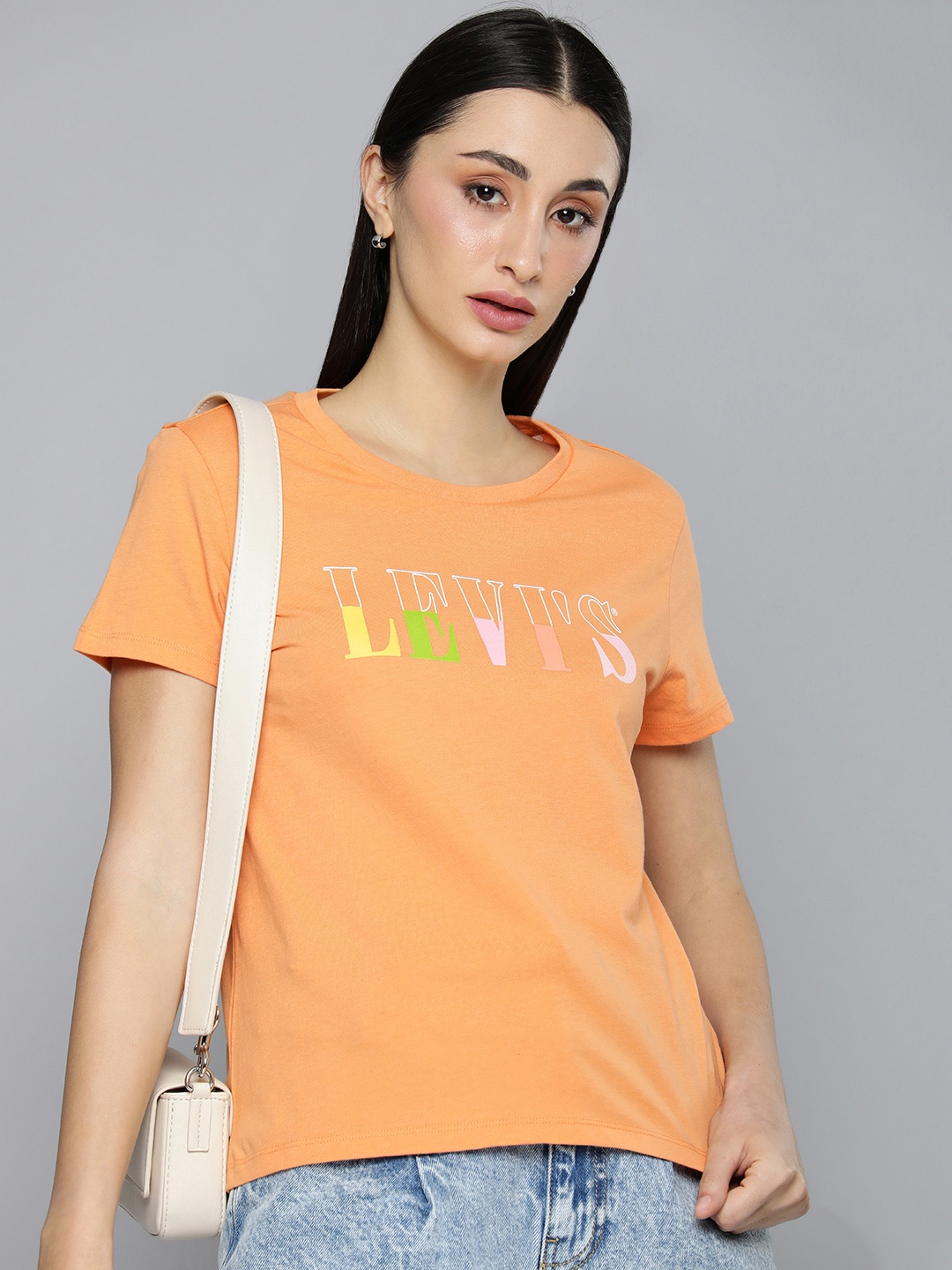 

Levis Women Pure Cotton Brand Logo Printed T-shirt, Orange