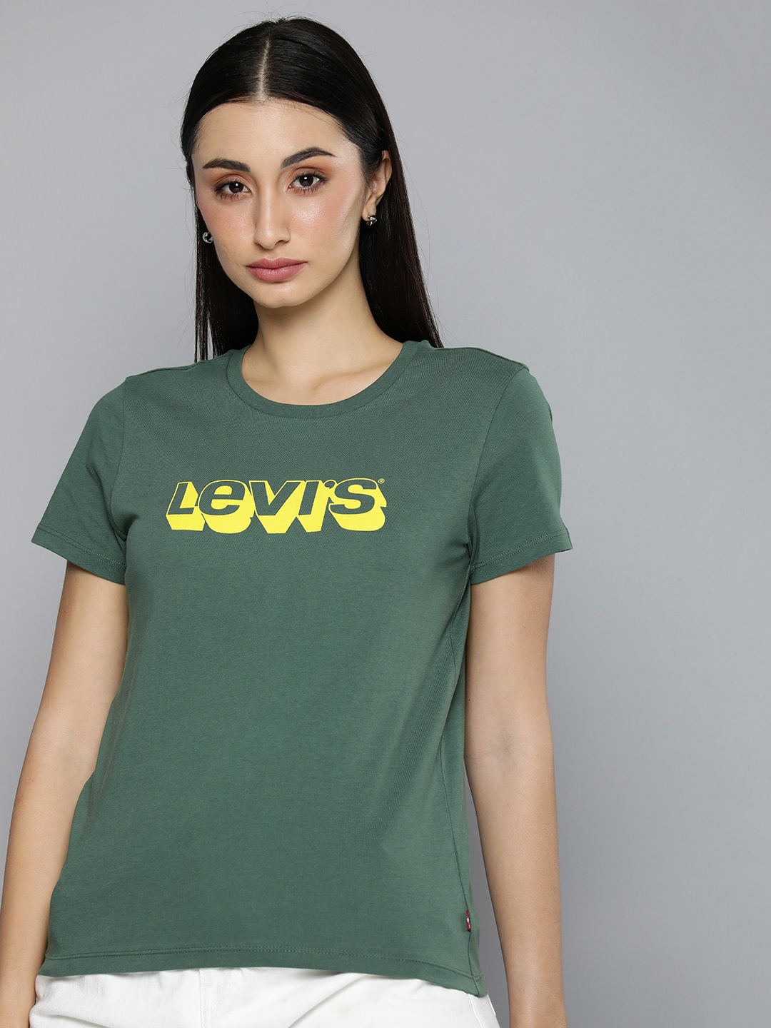 

Levis Women Pure Cotton Brand Logo Printed T-shirt, Green