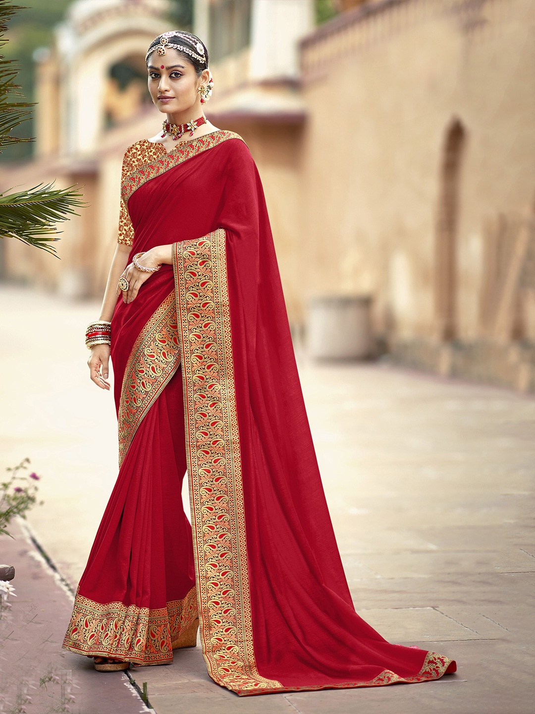 

all about you Red & Gold-Toned Woven Design Border Zari Saree