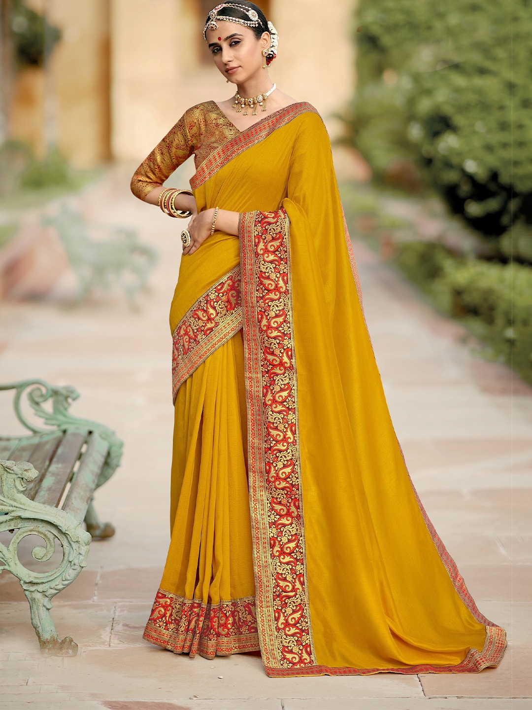 

all about you Mustard and Gold-Toned Zari Silk Blend Saree