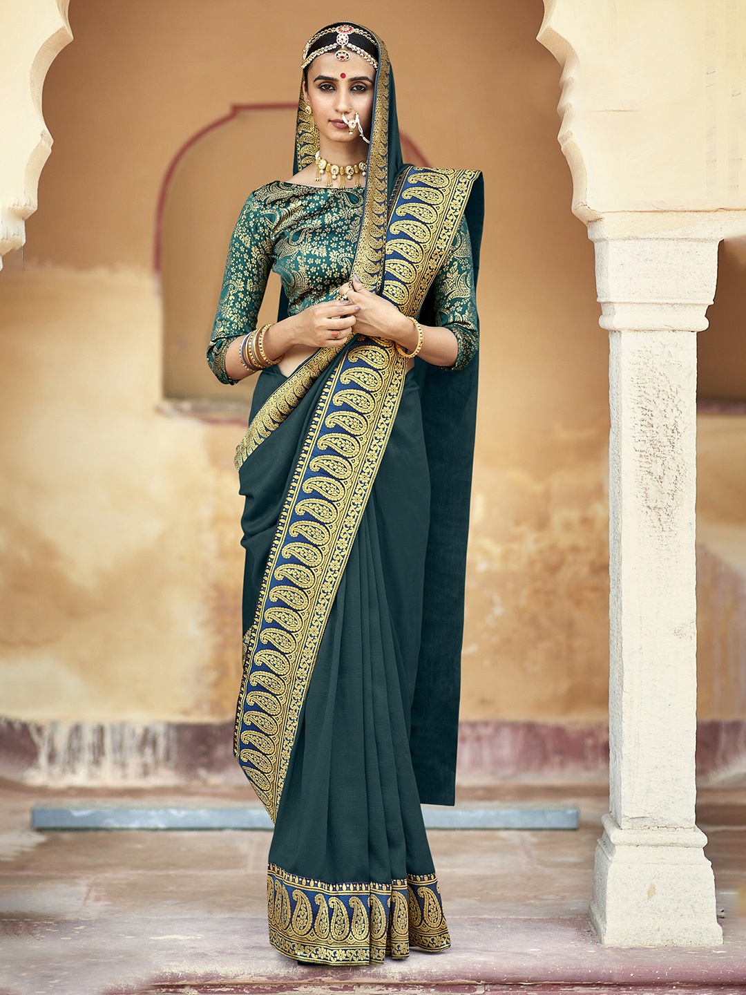 

all about you Teal and Gold-Toned Zari Silk Blend Saree