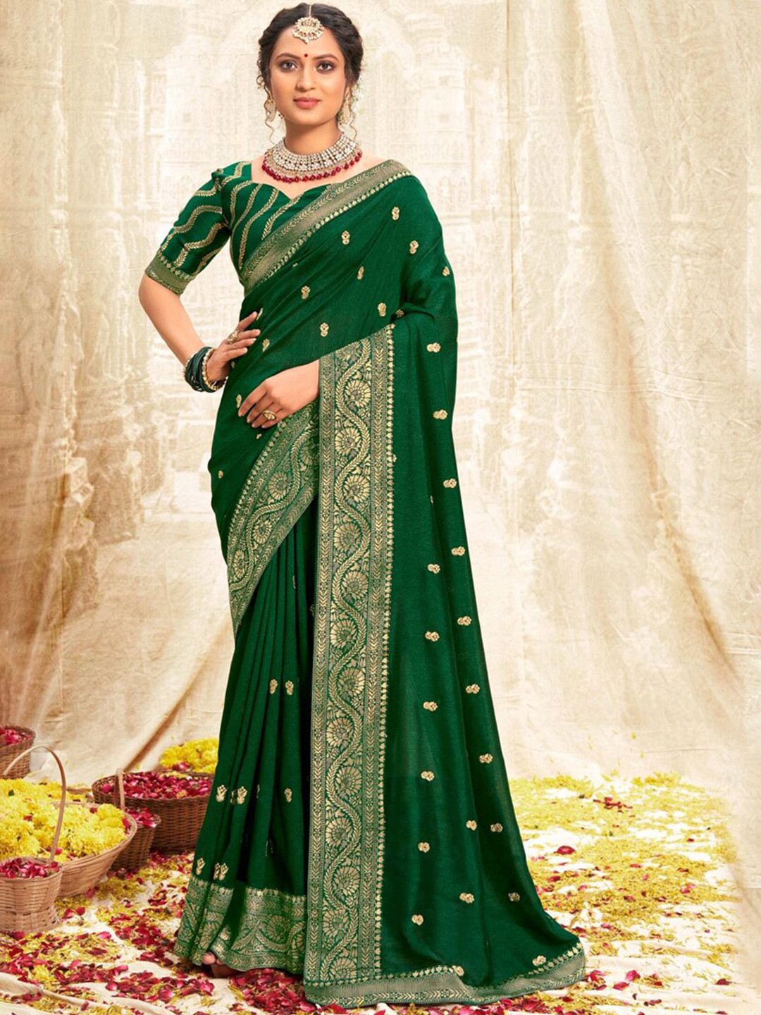 

all about you Green & Gold-Toned Ethnic Motifs Embroidered Saree