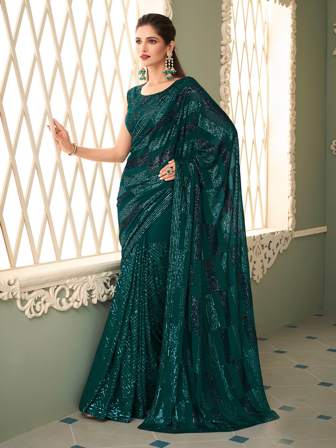 

all about you Teal Green Embellished Sequinned Pure Georgette Saree