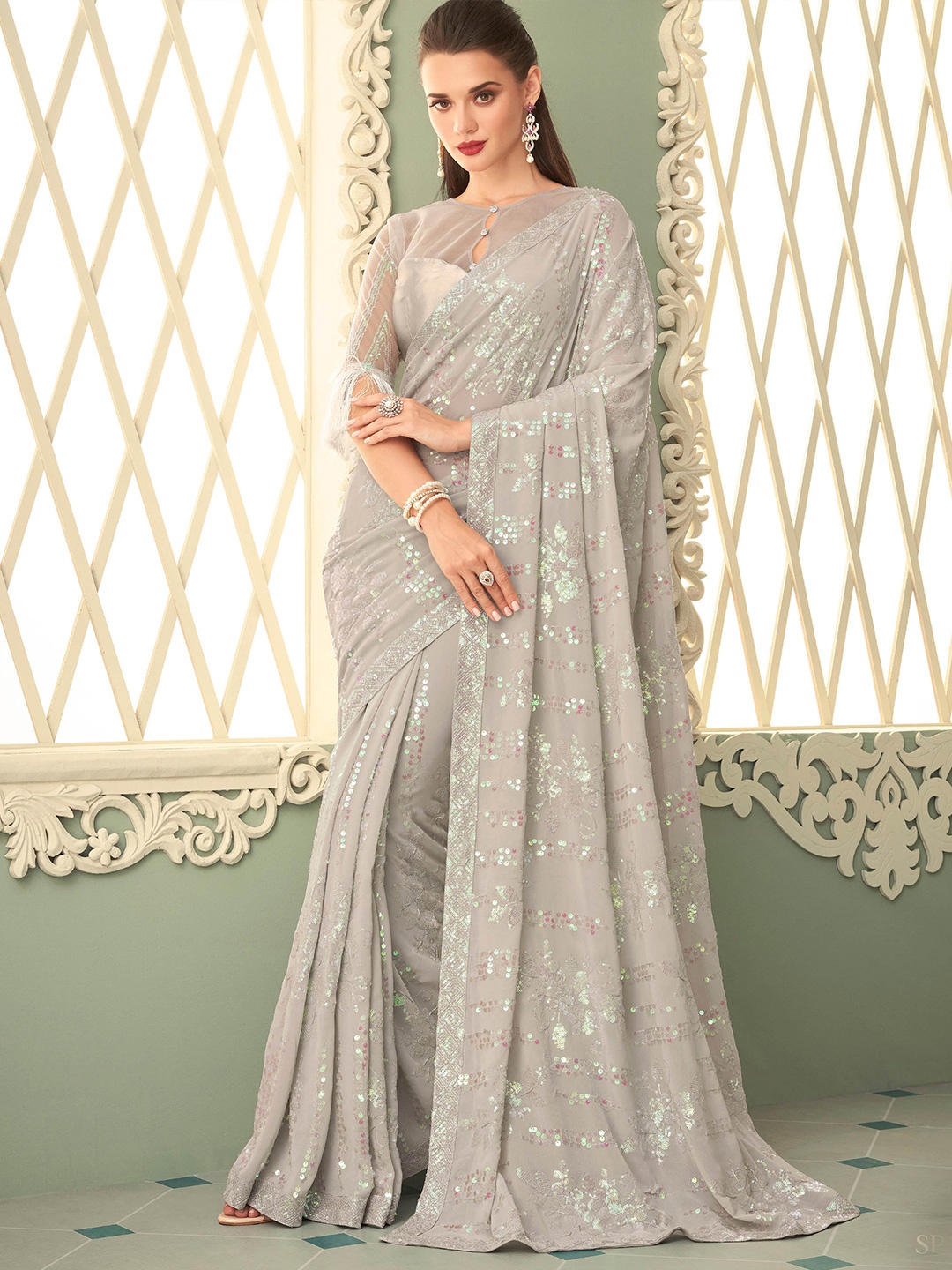 

all about you Grey Embellished Sequinned Pure Georgette Saree