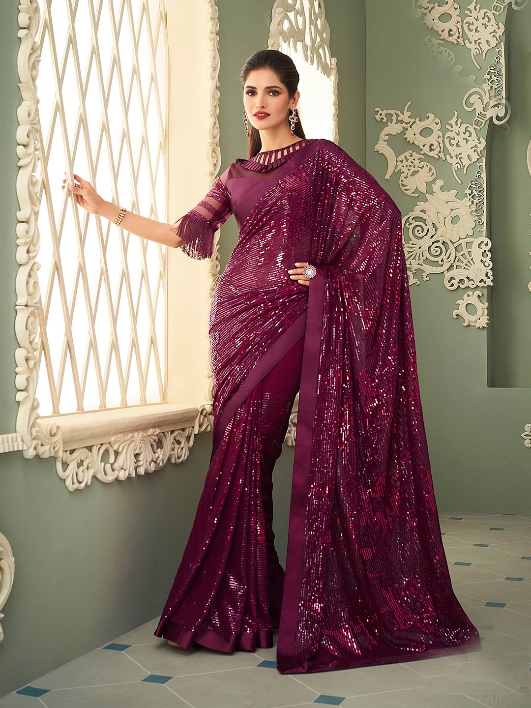 

all about you Purple Embellished Sequinned Pure Georgette Saree
