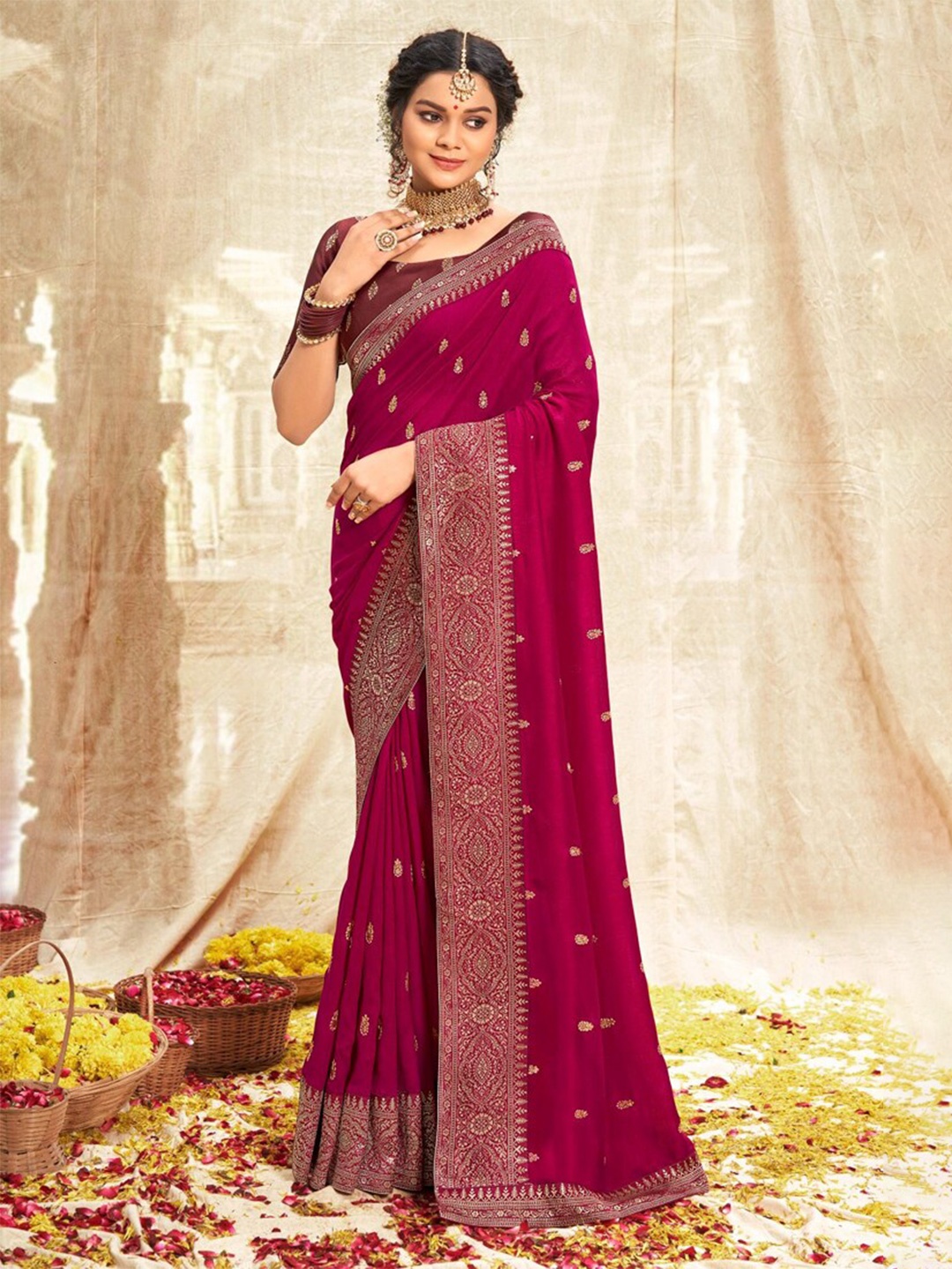 

all about you Magenta Ethnic Motifs Embroidered Saree