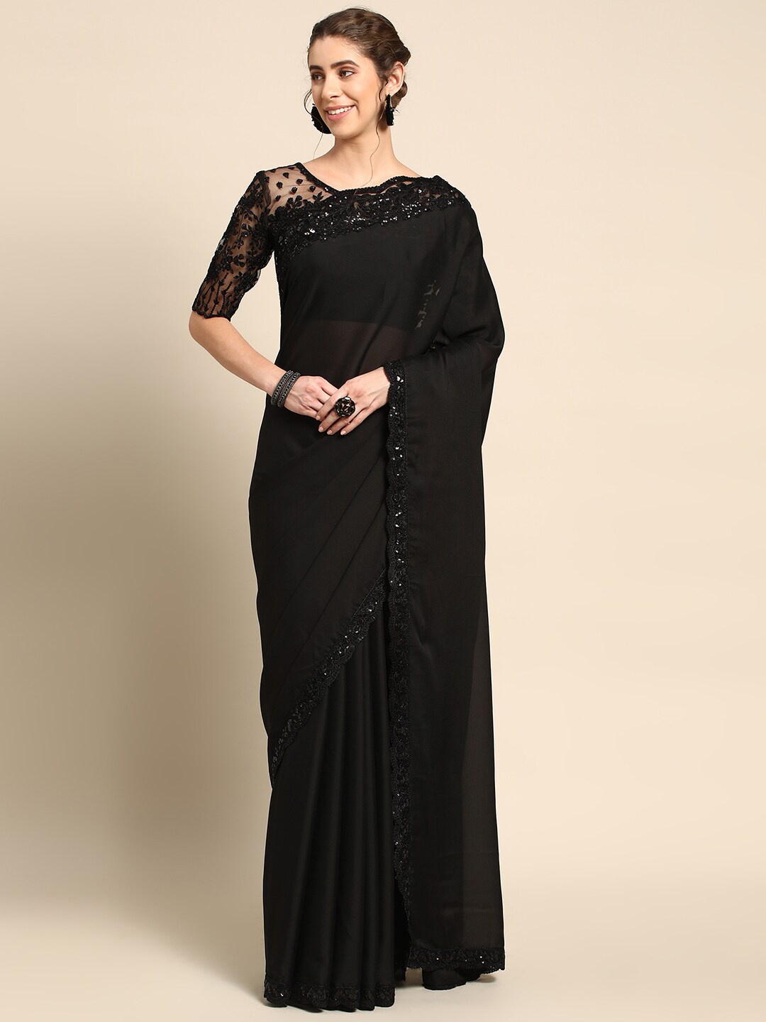 

all about you Black Sequinned Silk Blend Saree