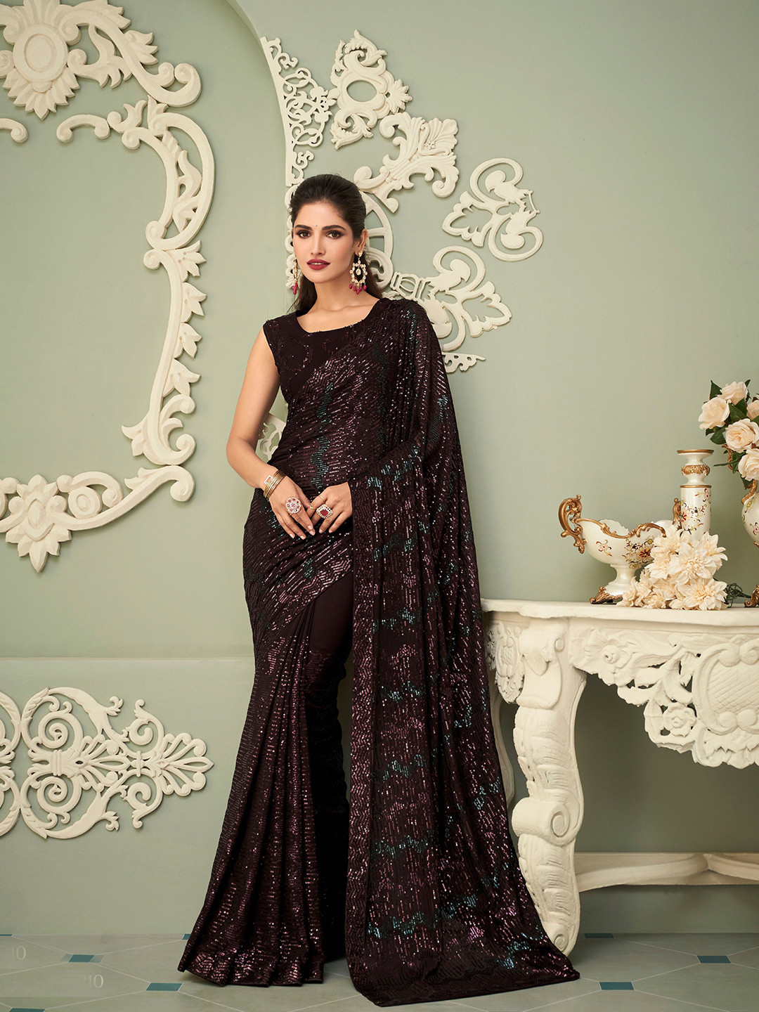 

all about you Dark Brown Embellished Sequinned Pure Georgette Saree